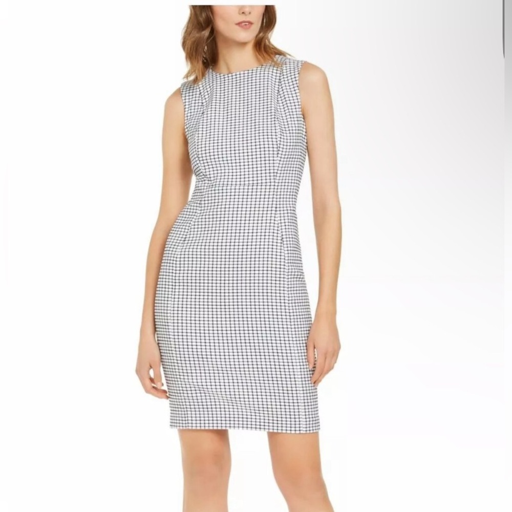 NWT Womens Calvin Klein Sleeveless Houndstooth Sheath Dress Black White Size 8.